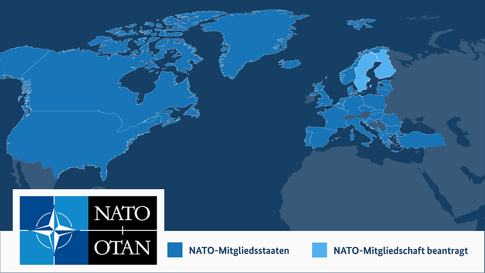 Die NATO mit den Beitrittskandidaten FIN und SWE. Blauer Bund